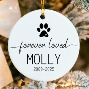 Round white ornament with black paw print and text 'forever loved MOLLY 2009-2025' on a Christmas tree.