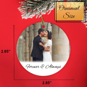Ornament size label with a couple in wedding attire and 'Forever & Always' text on a red background.
