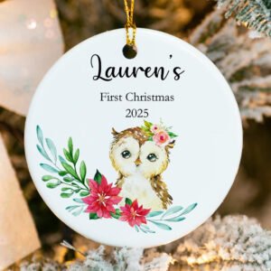 Personalized Baby's First Round Owl Christmas Ornament 2025