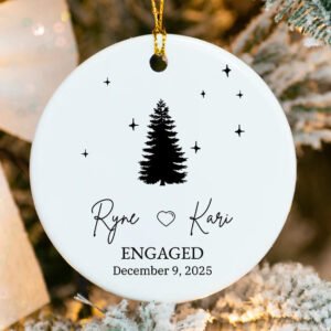 Custom porcelain engagement tree ornament with interlocked rings and engraved names 2025"