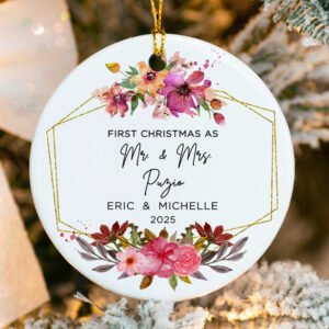 Ceramic wedding ornament with Mr & Mrs script surrounded by flowers and leaves