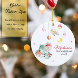 Custom Baby's First Christmas Elephant Round Ornament 2025 with golden ribbon