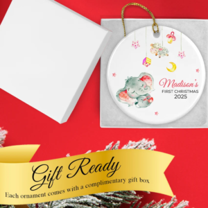 Custom Baby's First Christmas Elephant Round Ornament 2025 in a gift ready box