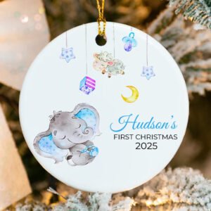 Custom Baby's 1st Christmas Elephant Round Ornament 2025