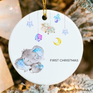 Custom Baby's 1st Christmas Elephant Round Ornament 2025 close up