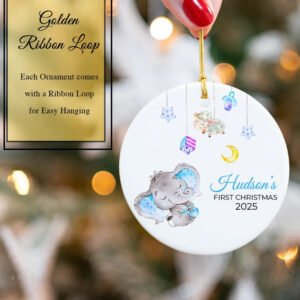 Custom Baby's 1st Christmas Elephant Round Ornament 2025 with golden ribbon