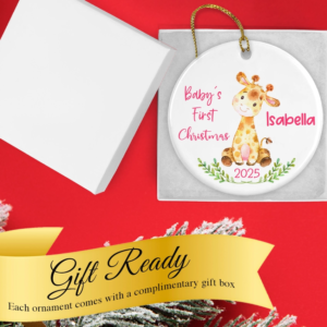 Custom Baby Girl Giraffe - Personalized Baby girl's First Christmas Ornament in a Gift Box