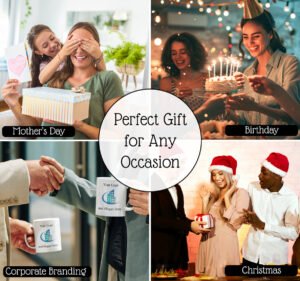 Collage of gift-giving scenarios for Mother's Day, Birthday, and Christmas with a central text overlay 'Perfect Gift for Any Occasion'.