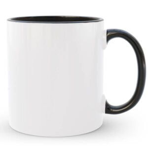 White mug with black handle and rim on a white background