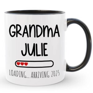 White ceramic coffee mug with “First Time Granny” design, perfect for pregnancy announcement.