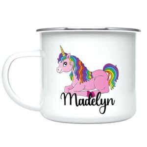 Close-up of unicorn and rainbow artwork printed on both sides of the customized kids mug