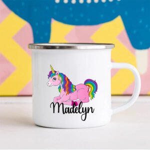 Personalized kids hot chocolate mug featuring unicorn design with custom name