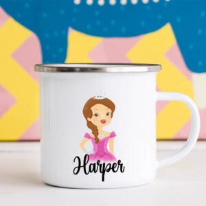 Detail of shatterproof enamel-coated stainless steel surface and glossy finish on personalized kids mug