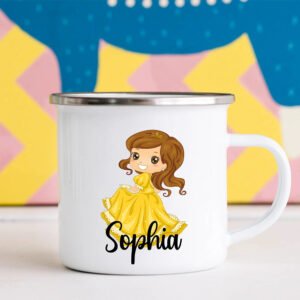 Detail of the easy-to-grasp enamel-coated stainless steel handle on the personalized toddler mug