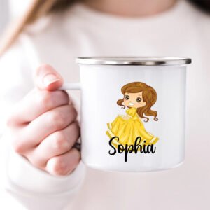 Personalized Yellow Princess Girl Mug held in a child's hand – perfect children’s mug