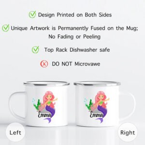 Care instructions graphic for personalized kids mug—dishwasher safe top rack recommended