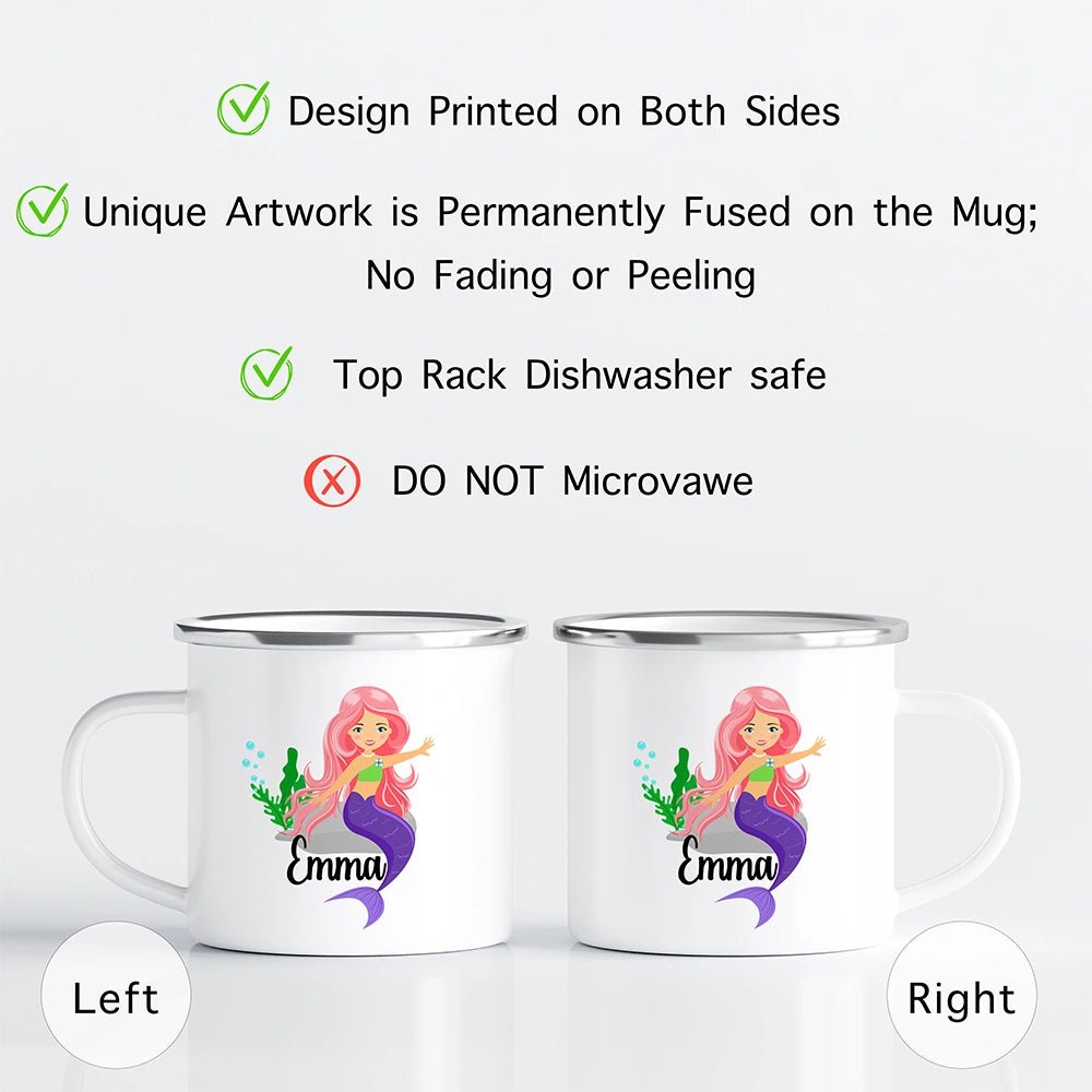 Care instructions graphic for personalized kids mug—dishwasher safe top rack recommended