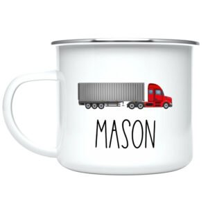 Detail of the easy-to-grasp enamel-coated stainless steel handle on the toddler mug