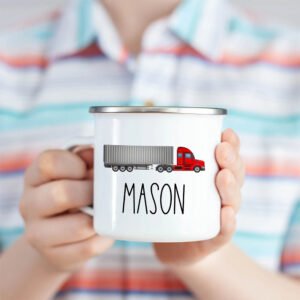 Personalized Trailer Truck Mug held in a child's hand—perfect children’s mug