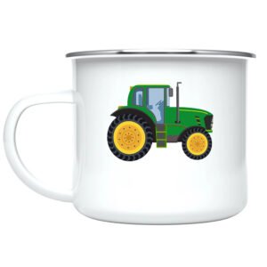 Close-up of vibrant tractor artwork printed on both sides of the personalized kids mug