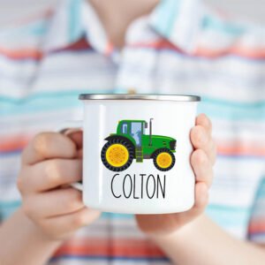 Customized Tractor Hot Cocoa Kids Mug held in a child's hand – perfect children’s mug