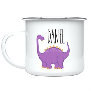 Detail of the easy-to-grasp enamel-coated stainless steel handle on the personalized kids mug