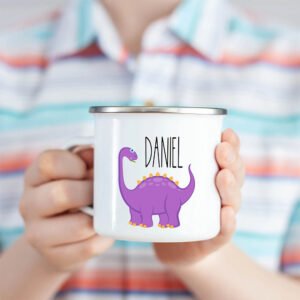 Personalized Purple Dino mug held in a child's hand – perfect children’s mug
