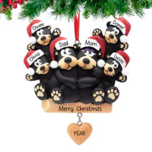 Personalized Black Bear Family of 6 with Heart Christmas Ornament