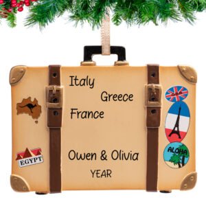 travel trunk ornament written on countries, name & year