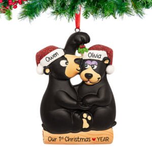 Personalized Kissing Under the Mistletoe Black Bear Couple Christmas Ornament