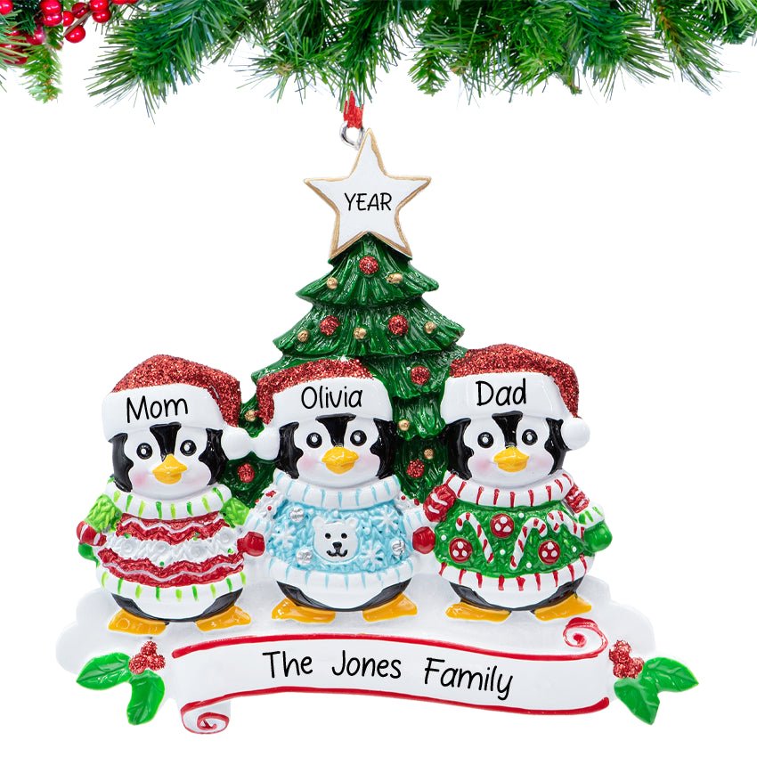 Personalized Ugly Sweater Penguin Family of 3 Christmas Ornament