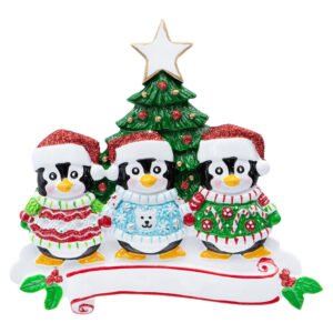 Personalized Ugly Sweater Penguin Family of 3 Christmas Ornament