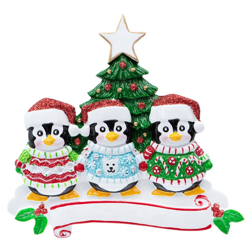 Personalized Ugly Sweater Penguin Family of 3 Christmas Ornament