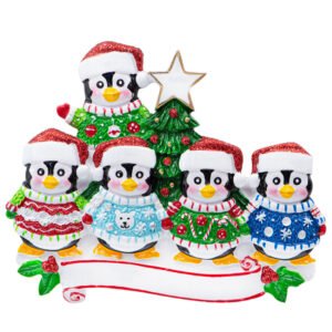 Personalized Ugly Sweater Penguin Family of 5 Christmas Ornament
