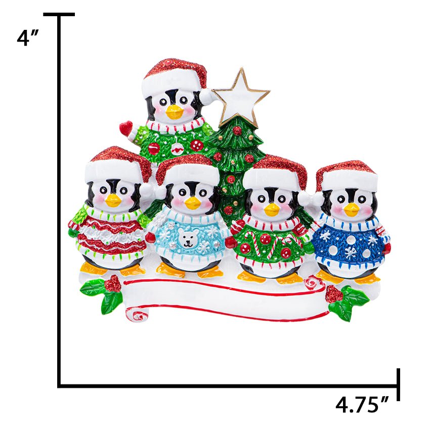 Personalized Ugly Sweater Penguin Family of 5 Christmas Ornament