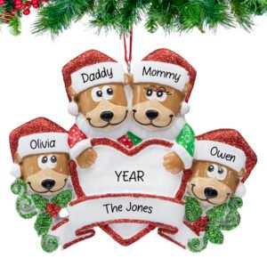 Personalized Brown Bear Family of 4 Christmas Ornament