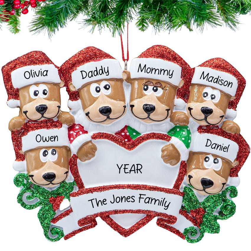 Personalized Brown Bear Family of 6 Christmas Ornament