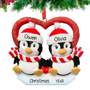 Custom Our First Christmas Together Ornament - Penguin Couple with Heart