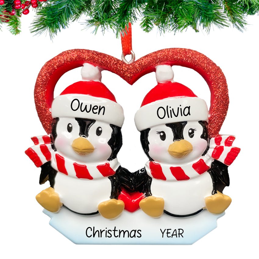 Custom Our First Christmas Together Ornament – Penguin Couple with Heart