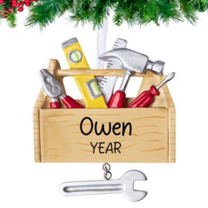 Personalized tool box ornament with molded wrenches and hand‑lettered name tag