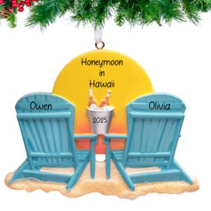Personalized couples beach vocation ornament engaged and wedding
