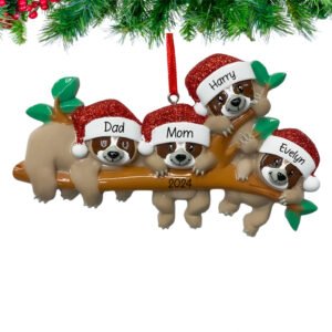 A personalized Christmas ornament featuring a sloth family of four with the names 'Dad', 'Mom', 'Harry', and 'Evelyn' printed on it, each wearing Santa hats and sitting on a tree.