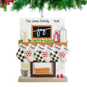 Personalized Family of 6 Christmas Ornament - Fireplace Mantel