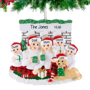 Personalized Fireplace Family of 5 with Dog Christmas Ornament