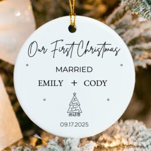 Personalized Married Ornament with Christmas tree silhouette and star accents, custom surname & 2025