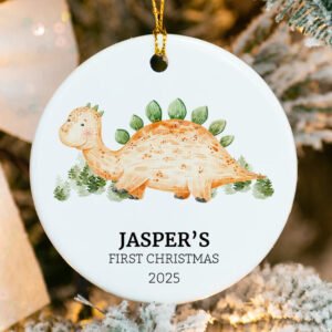 Baby Dino Christmas ornament with custom printed name & 2025 on glossy ceramic